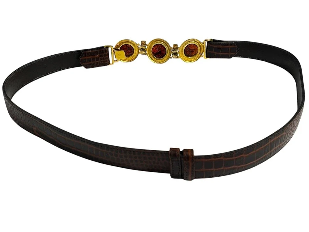 VTG Ben Amun Belt 24K Gold Plated Amber Resin Cabochon Leather Cinch 27